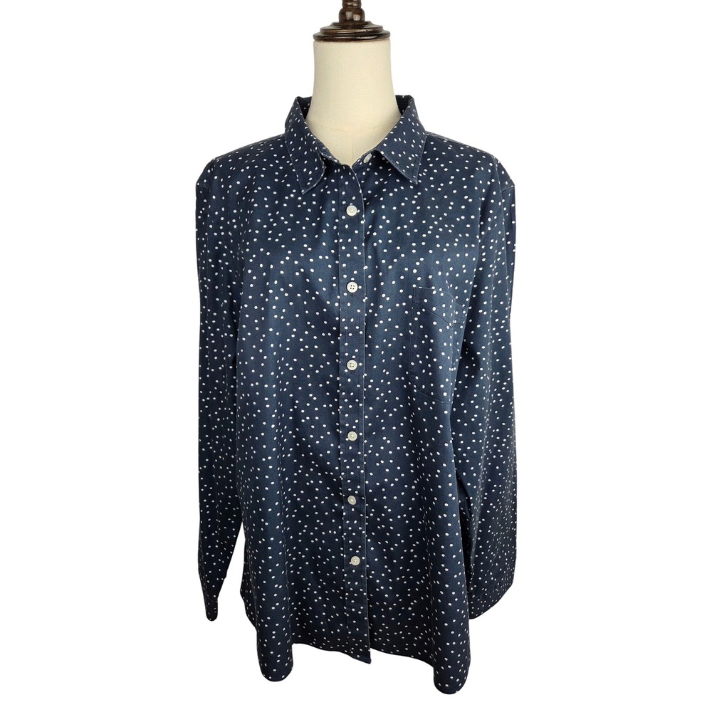 L.L. Bean Button Down Shirt 2X Navy Blue Polka Dot Wrinkle Free Cotton Preppy
